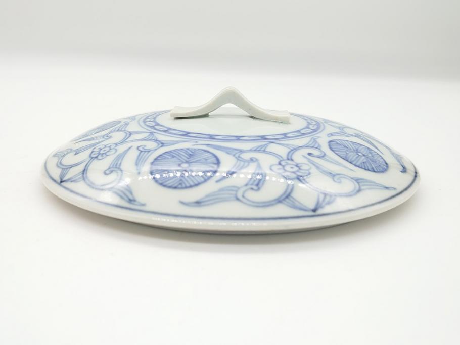 幕末 伊万里 染付 線描 草花文 丸 直径5.2寸 約16cm 三段重(重箱、陶器