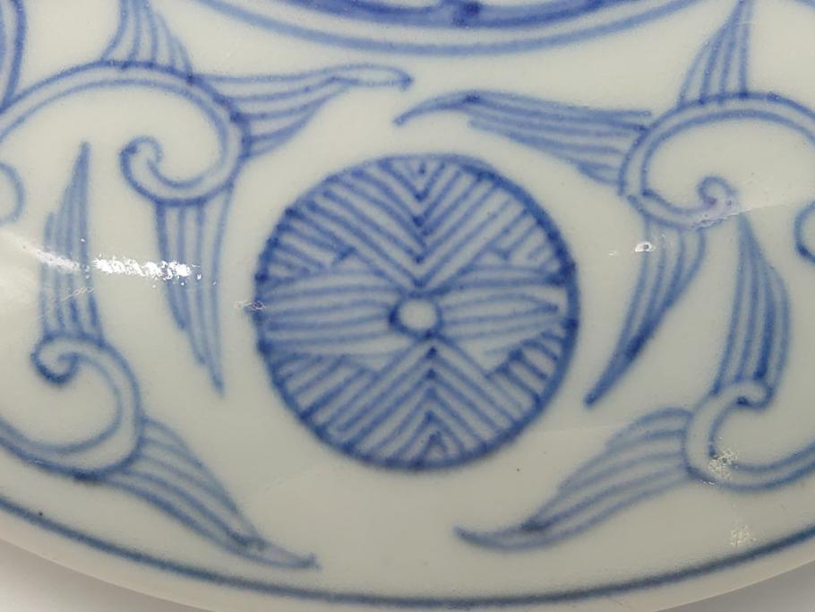 幕末 伊万里 染付 線描 草花文 丸 直径5.2寸 約16cm 三段重(重箱、陶器