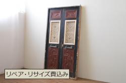 海外アンティーク　ペイント仕上げ限定　彫刻とアイアンフェンス入りの両開きドア1対(建具、木製扉、1対2枚セット)(R-066745)