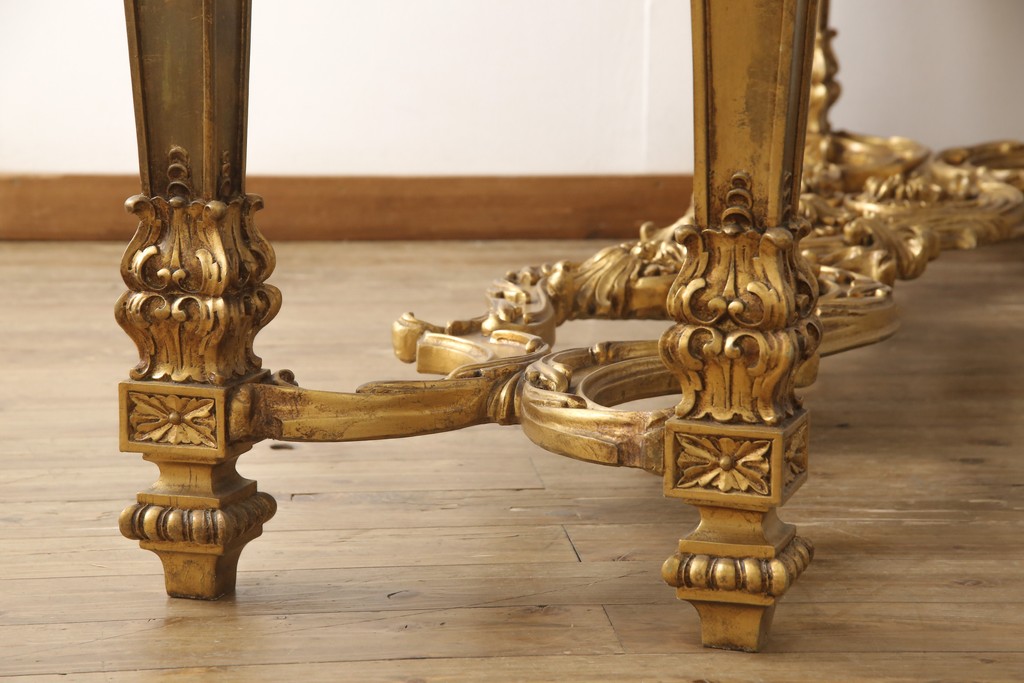 中古　極美品　イタリア超高級輸入家具　ロココ様式　 ゴールドの彫刻(木彫り)と大理石天板がゴージャスなコンソールテーブル(定価約200万円以上)(サイドボード)(R-052295)