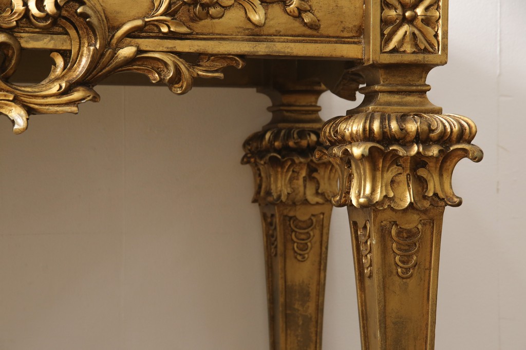 中古　極美品　イタリア超高級輸入家具　ロココ様式　ゴールドの彫刻(木彫り)と大理石天板がゴージャスなコンソールテーブル(定価約200万円以上)(サイドボード)(R-052295)
