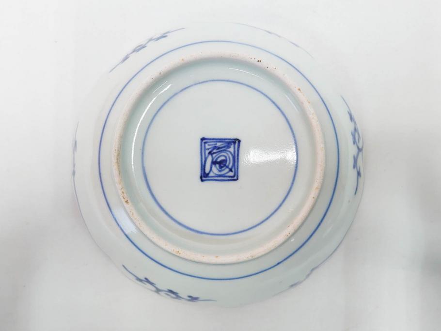 江戸期　古伊万里　染付　渦福　なます皿　4.7寸・4.9寸　お料理を華やかに引き立ててくれる皿6枚セット(花唐草、輪花皿、変形皿、小皿、豆皿、中皿、銘々皿、取り皿、和皿、和食器、四寸七分、四寸九分)(R-081679)