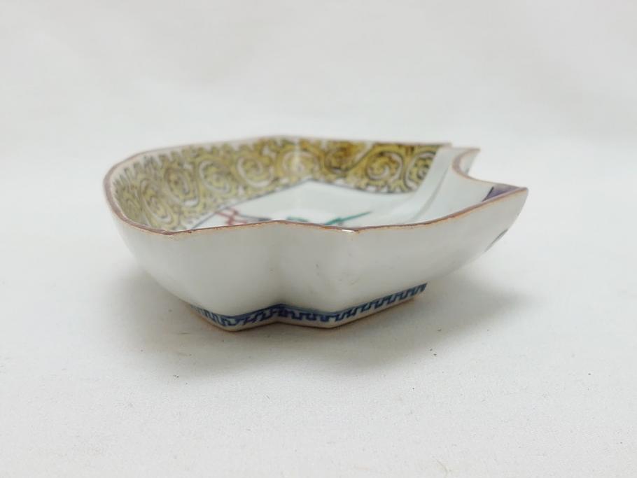  	明治期　九谷焼　二重角福　色絵　木に鳥文　変形皿5枚セット(共箱付き、和皿、和食器)(R-063205)