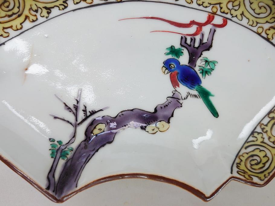  	明治期　九谷焼　二重角福　色絵　木に鳥文　変形皿5枚セット(共箱付き、和皿、和食器)(R-063205)