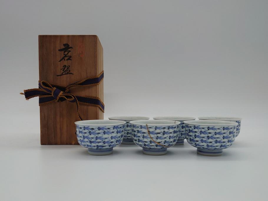 平安春峰造　松月庵　染付　めだか図　煎茶碗　茶碗6客セット(共箱付き、煎茶器、めだか紋、めだか群、湯呑み、茶器、和食器)(R-061055)