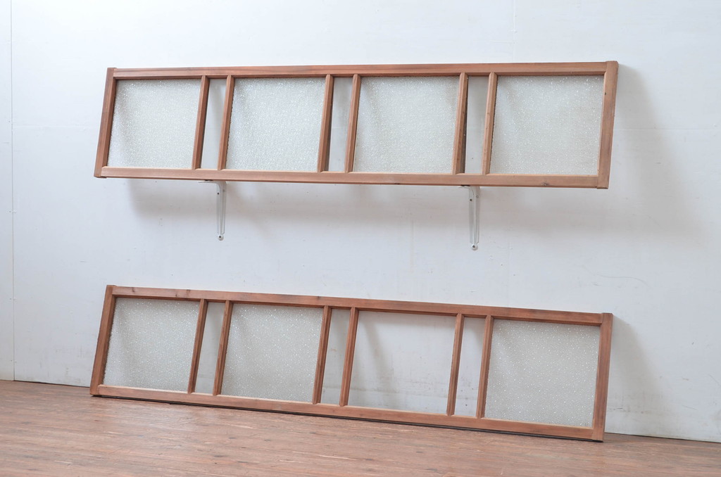 アンティーク建具　経年を感じさせる木味が魅力の明かり取り2枚セット(明り取り、ガラス欄間)(R-080524)