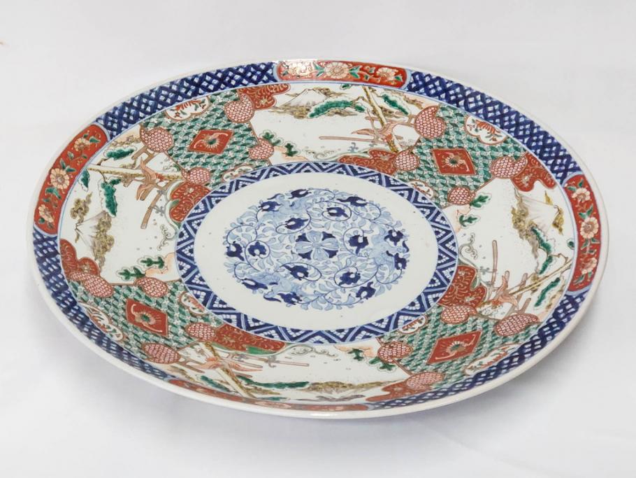 上手物　江戸期　古伊万里　色絵　山水松鶴　富士山　約56cm　1尺8寸　緻密な美しい絵付けに見惚れる大皿(尺皿、風景、和皿、和食器、一尺八寸)(R-081867)　