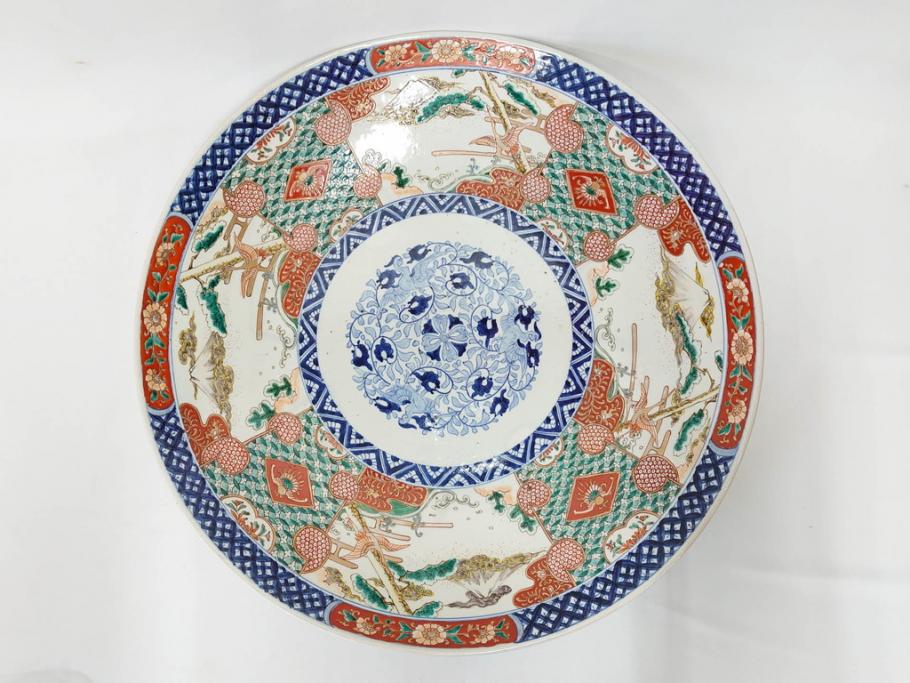 上手物　江戸期　古伊万里　色絵　山水松鶴　富士山　約56cm　1尺8寸　緻密な美しい絵付けに見惚れる大皿(尺皿、風景、和皿、和食器、一尺八寸)(R-081867)　
