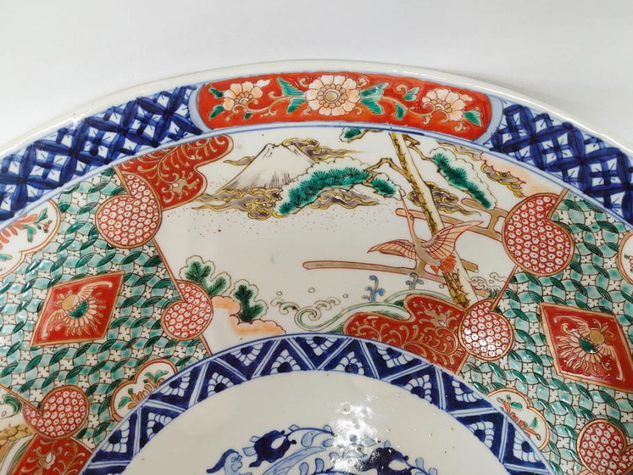 上手物　江戸期　古伊万里　色絵　山水松鶴　富士山　約56cm　1尺8寸　緻密な美しい絵付けに見惚れる大皿(尺皿、風景、和皿、和食器、一尺八寸)(R-081867)　
