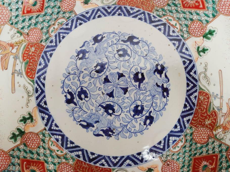 上手物　江戸期　古伊万里　色絵　山水松鶴　富士山　約56cm　1尺8寸　緻密な美しい絵付けに見惚れる大皿(尺皿、風景、和皿、和食器、一尺八寸)(R-081867)　