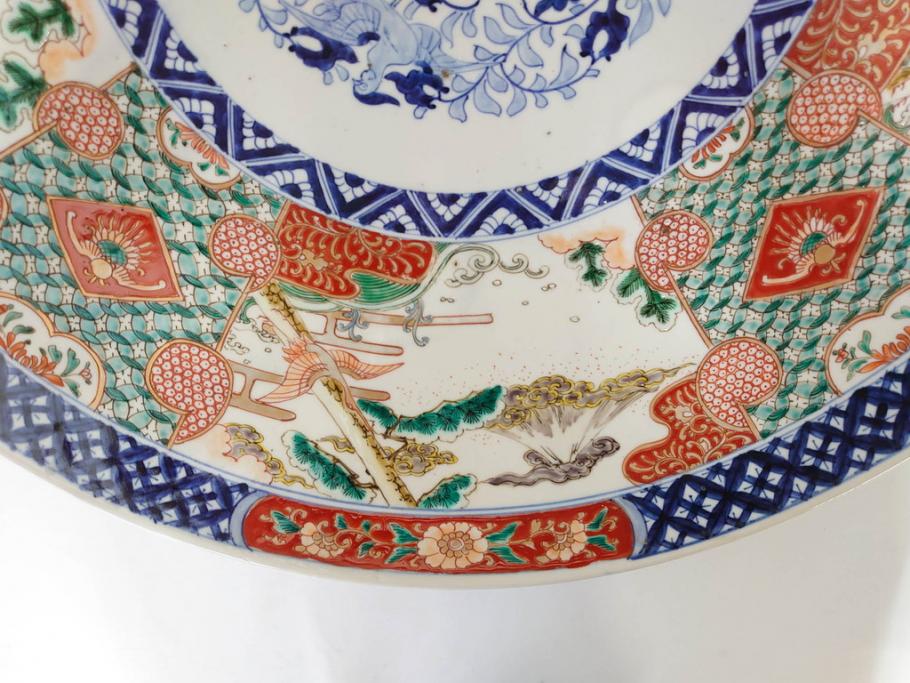 上手物　江戸期　古伊万里　色絵　山水松鶴　富士山　約56cm　1尺8寸　緻密な美しい絵付けに見惚れる大皿(尺皿、風景、和皿、和食器、一尺八寸)(R-081867)　