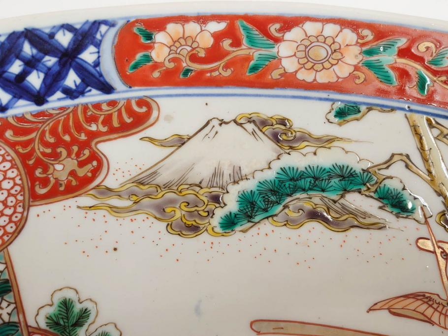 上手物　江戸期　古伊万里　色絵　山水松鶴　富士山　約56cm　1尺8寸　緻密な美しい絵付けに見惚れる大皿(尺皿、風景、和皿、和食器、一尺八寸)(R-081867)　