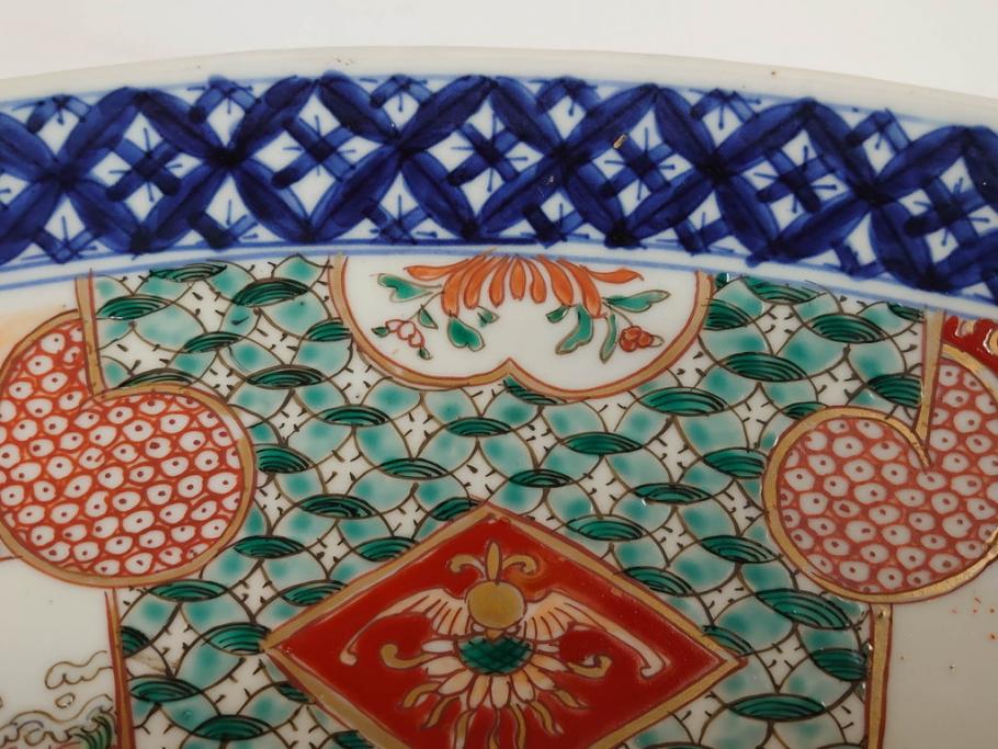 上手物　江戸期　古伊万里　色絵　山水松鶴　富士山　約56cm　1尺8寸　緻密な美しい絵付けに見惚れる大皿(尺皿、風景、和皿、和食器、一尺八寸)(R-081867)　