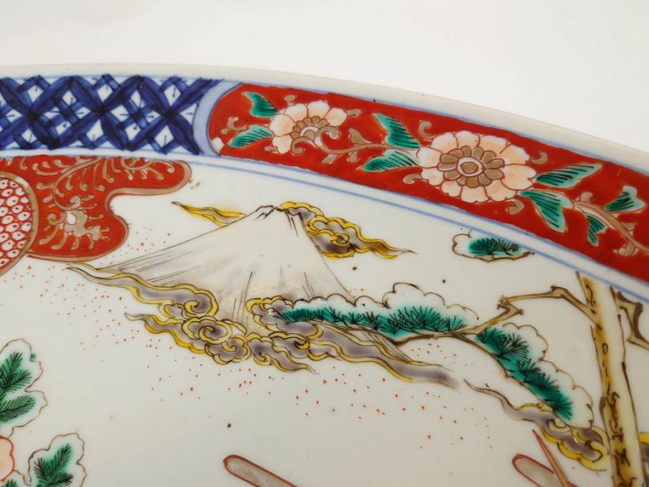 上手物　江戸期　古伊万里　色絵　山水松鶴　富士山　約56cm　1尺8寸　緻密な美しい絵付けに見惚れる大皿(尺皿、風景、和皿、和食器、一尺八寸)(R-081867)　