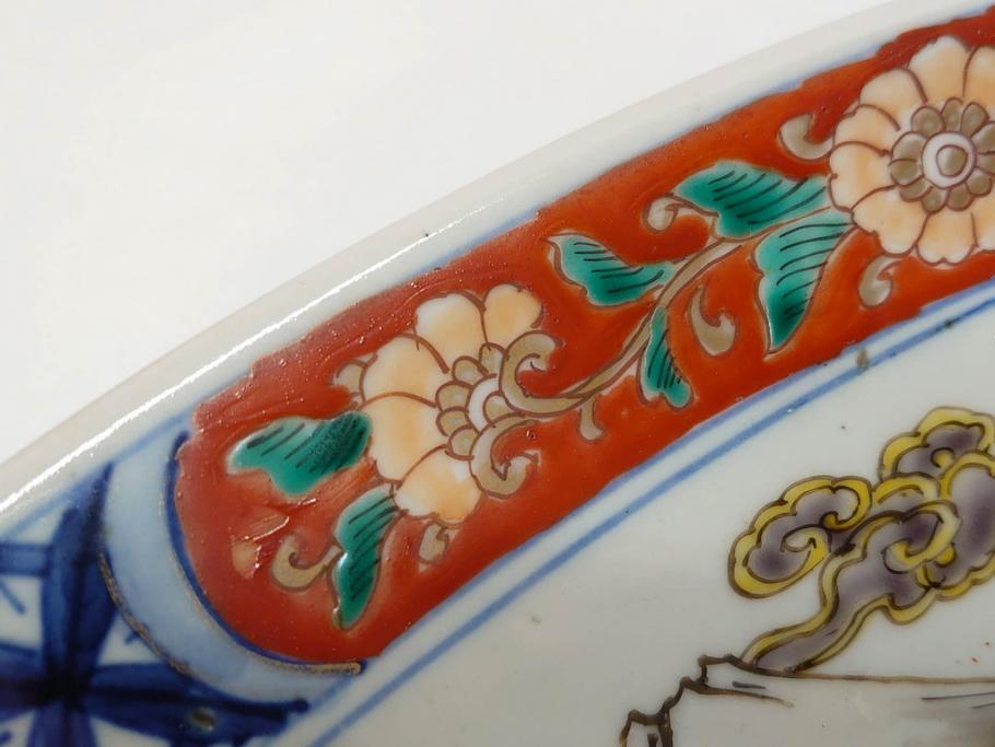 上手物　江戸期　古伊万里　色絵　山水松鶴　富士山　約56cm　1尺8寸　緻密な美しい絵付けに見惚れる大皿(尺皿、風景、和皿、和食器、一尺八寸)(R-081867)　