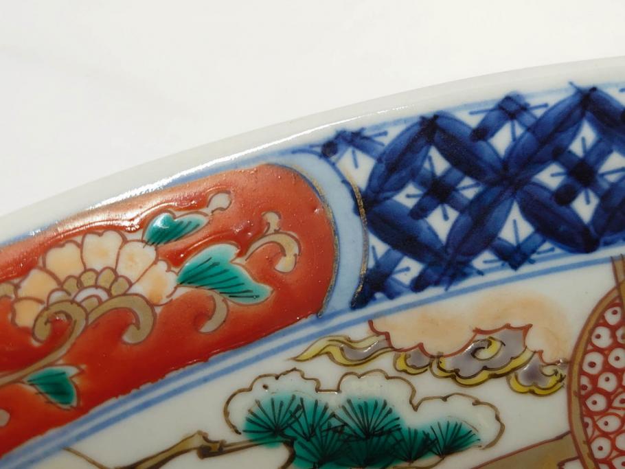 上手物　江戸期　古伊万里　色絵　山水松鶴　富士山　約56cm　1尺8寸　緻密な美しい絵付けに見惚れる大皿(尺皿、風景、和皿、和食器、一尺八寸)(R-081867)　