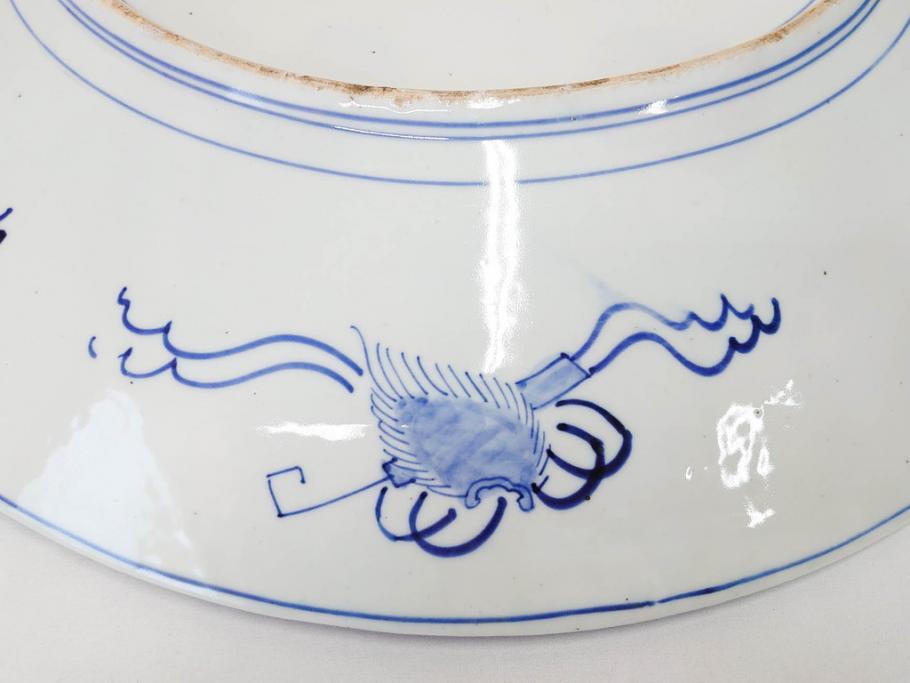 上手物　江戸期　古伊万里　色絵　山水松鶴　富士山　約56cm　1尺8寸　緻密な美しい絵付けに見惚れる大皿(尺皿、風景、和皿、和食器、一尺八寸)(R-081867)　