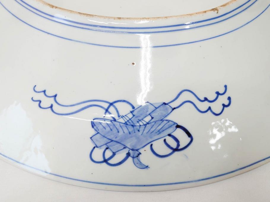 上手物　江戸期　古伊万里　色絵　山水松鶴　富士山　約56cm　1尺8寸　緻密な美しい絵付けに見惚れる大皿(尺皿、風景、和皿、和食器、一尺八寸)(R-081867)　