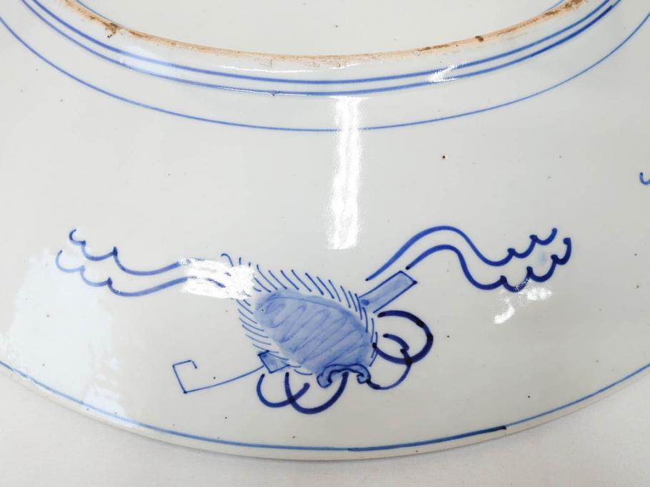 上手物　江戸期　古伊万里　色絵　山水松鶴　富士山　約56cm　1尺8寸　緻密な美しい絵付けに見惚れる大皿(尺皿、風景、和皿、和食器、一尺八寸)(R-081867)　