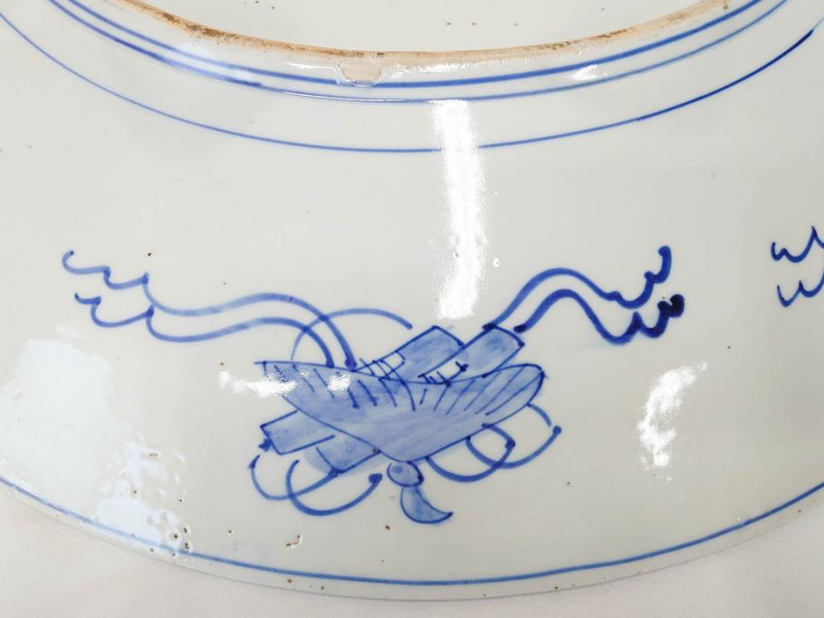 上手物　江戸期　古伊万里　色絵　山水松鶴　富士山　約56cm　1尺8寸　緻密な美しい絵付けに見惚れる大皿(尺皿、風景、和皿、和食器、一尺八寸)(R-081867)　