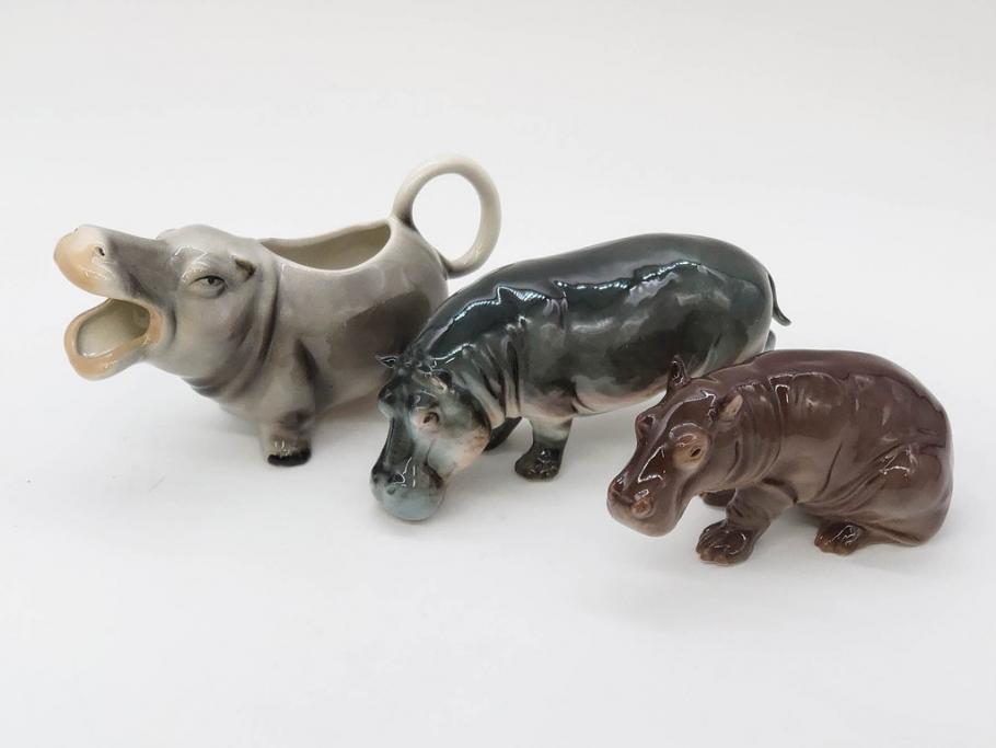 ドイツ　Goebel(ゲーベル)　Nymphenburg(ニンフェンブルグ)　カバ　生き生きとした造形が魅力のフィギュリン3点セット(動物、置物、オブジェ、ディスプレイ)(R-081868)
