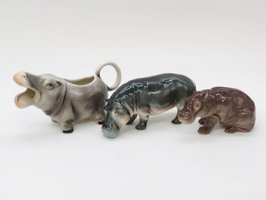 ドイツ　Goebel(ゲーベル)　Nymphenburg(ニンフェンブルグ)　カバ　生き生きとした造形が魅力のフィギュリン3点セット(動物、置物、オブジェ、ディスプレイ)(R-081868)