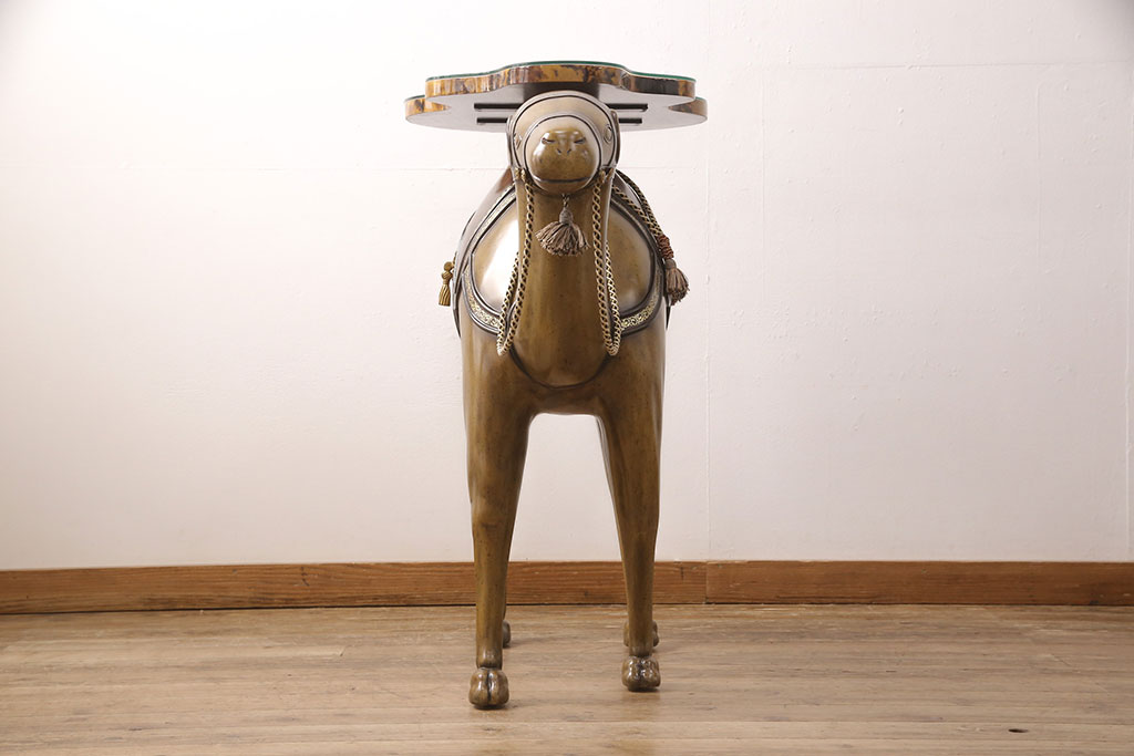 中古　極美品　MAITLAND SMITH(メートランドスミス)　ロンドンエクスプローラーズコレクション　ガラス天板付き　ラクダバーテーブル(定価約66万円)(コンソールテーブル、飾り台、サイドテーブル)(R-050652)