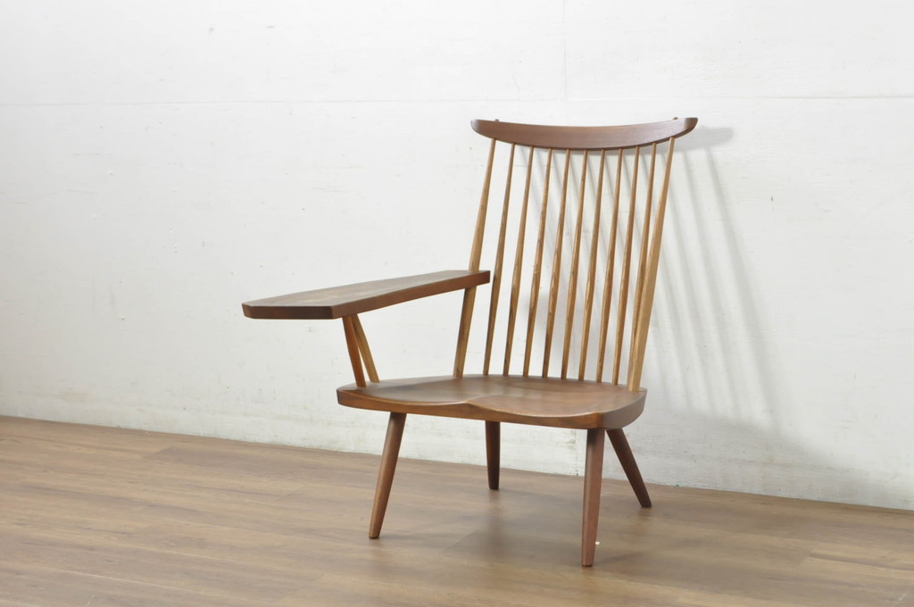 和製ヴィンテージ　小田急ハルク購入　ジョージナカシマ　LOUNGE ARM(ラウンジアーム)　One Arm(ワンアーム、片肘)　CN103　モダンに洗練された右アーム付きラウンジチェア(ジョージ・ナカシマ、アームチェア、イス、椅子、板座チェア、ビンテージ)(R-080693)
