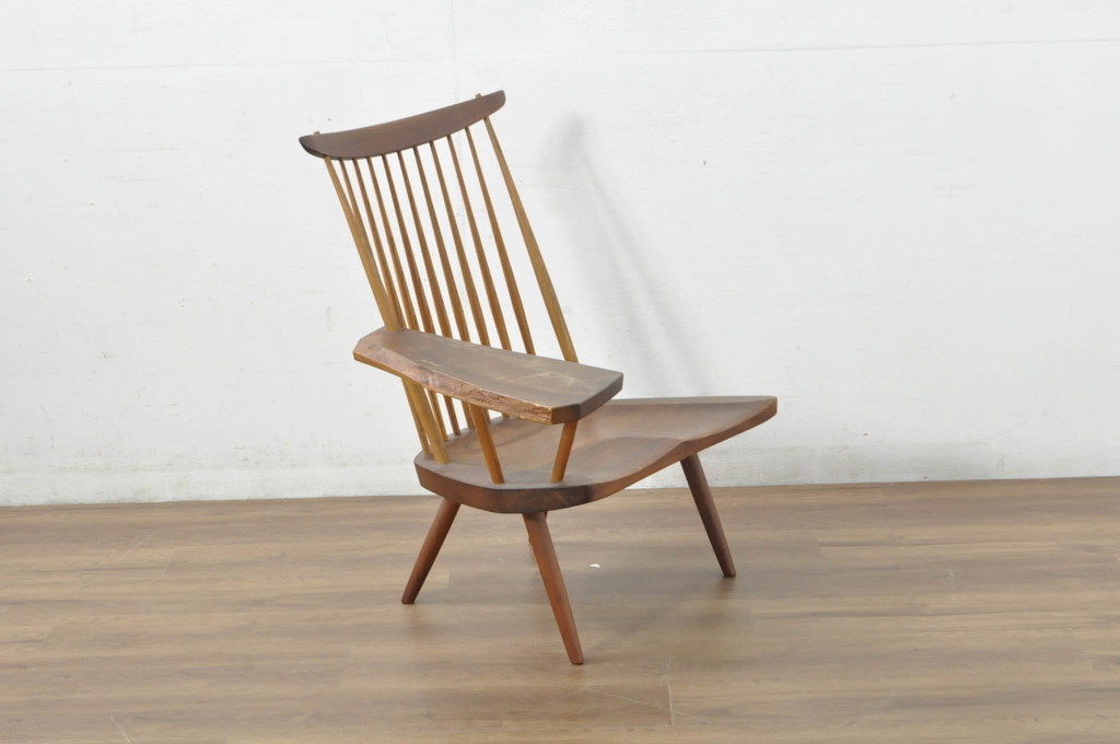 和製ヴィンテージ　小田急ハルク購入　ジョージナカシマ　LOUNGE ARM(ラウンジアーム)　One Arm(ワンアーム、片肘)　CN103　モダンに洗練された右アーム付きラウンジチェア(ジョージ・ナカシマ、アームチェア、イス、椅子、板座チェア、ビンテージ)(R-080693)