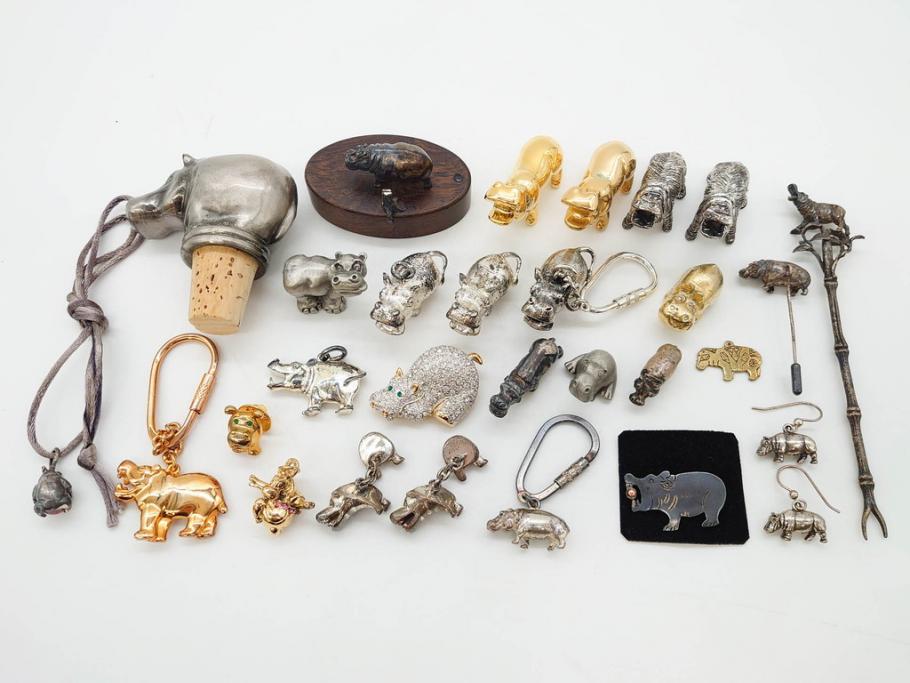 Hudson(ハドソン)　錫　925　アクセサリー　色々なデザインが楽しめるカバ小物29点セット(動物、アニマル、ピューター、ピアス、カフス、ネックレス、ブローチ、コルク栓、キーホルダー、置物、オブジェ、ディスプレイ)(R-081874)