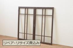 アンティーク建具　ナラ材　大正ロマンな空間を演出する両開き窓1対(2枚セット、木製扉)(R-067721)