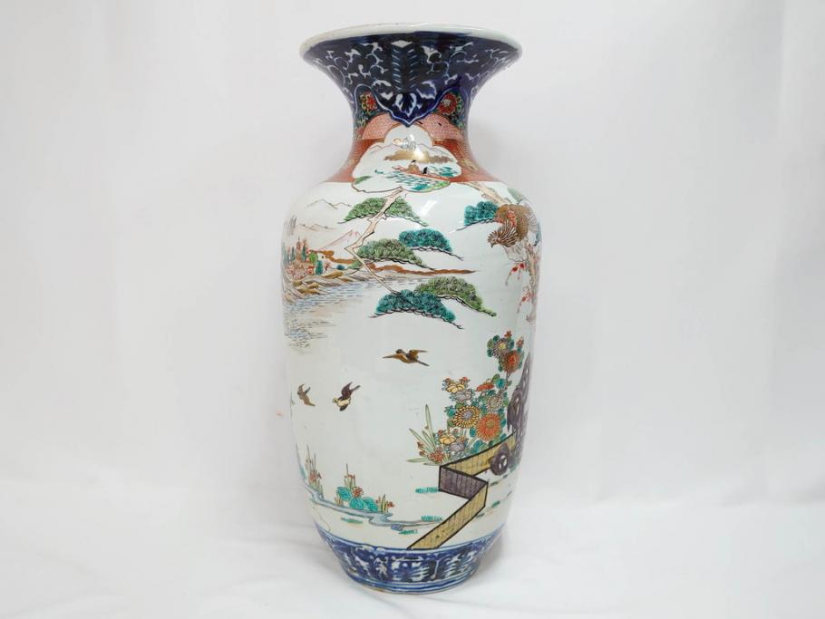 江戸～明治期　古伊万里　錦地　色絵　高さ 約57cm　華麗な色付が美しい花瓶(松、菊、花鳥、鳳凰、人物、風景、獅子、花生、花入、花器、金彩、二尺、共箱付)(R-081878)