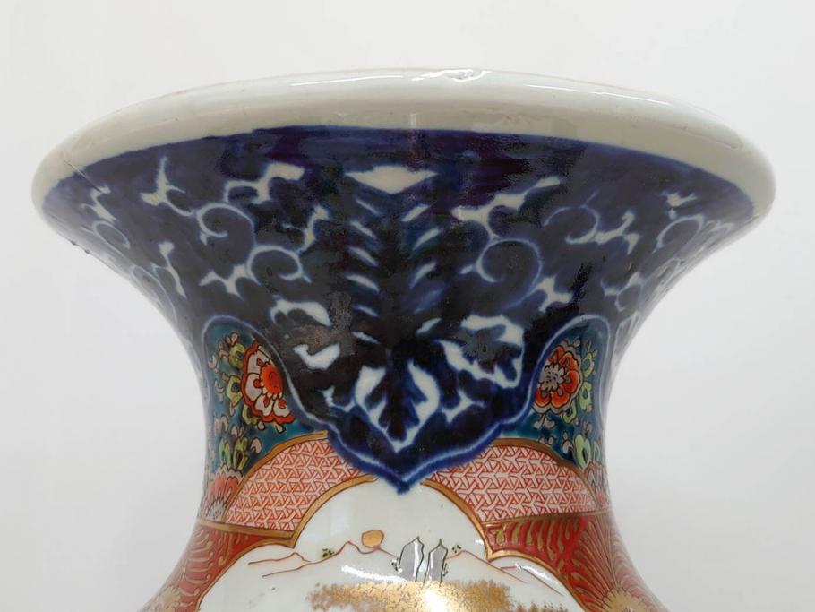 江戸～明治期　古伊万里　錦地　色絵　高さ 約57cm　華麗な色付が美しい花瓶(松、菊、花鳥、鳳凰、人物、風景、獅子、花生、花入、花器、金彩、二尺、共箱付)(R-081878)