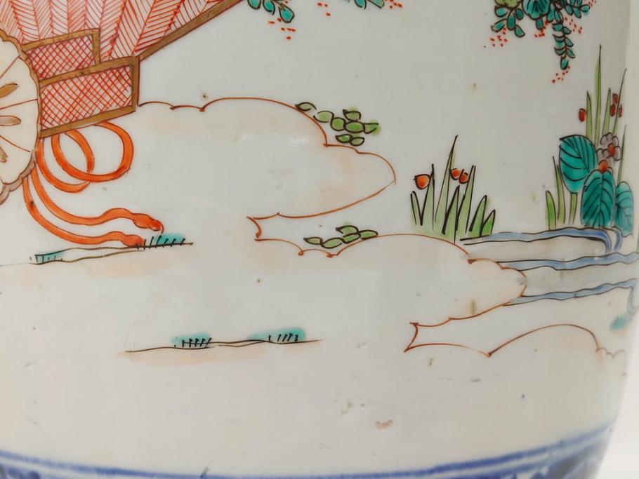 江戸～明治期　古伊万里　錦地　色絵　高さ 約57cm　華麗な色付が美しい花瓶(松、菊、花鳥、鳳凰、人物、風景、獅子、花生、花入、花器、金彩、二尺、共箱付)(R-081878)