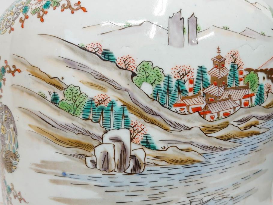 江戸～明治期　古伊万里　錦地　色絵　高さ 約57cm　華麗な色付が美しい花瓶(松、菊、花鳥、鳳凰、人物、風景、獅子、花生、花入、花器、金彩、二尺、共箱付)(R-081878)