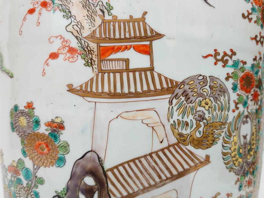 江戸～明治期　古伊万里　錦地　色絵　高さ 約57cm　華麗な色付が美しい花瓶(松、菊、花鳥、鳳凰、人物、風景、獅子、花生、花入、花器、金彩、二尺、共箱付)(R-081878)
