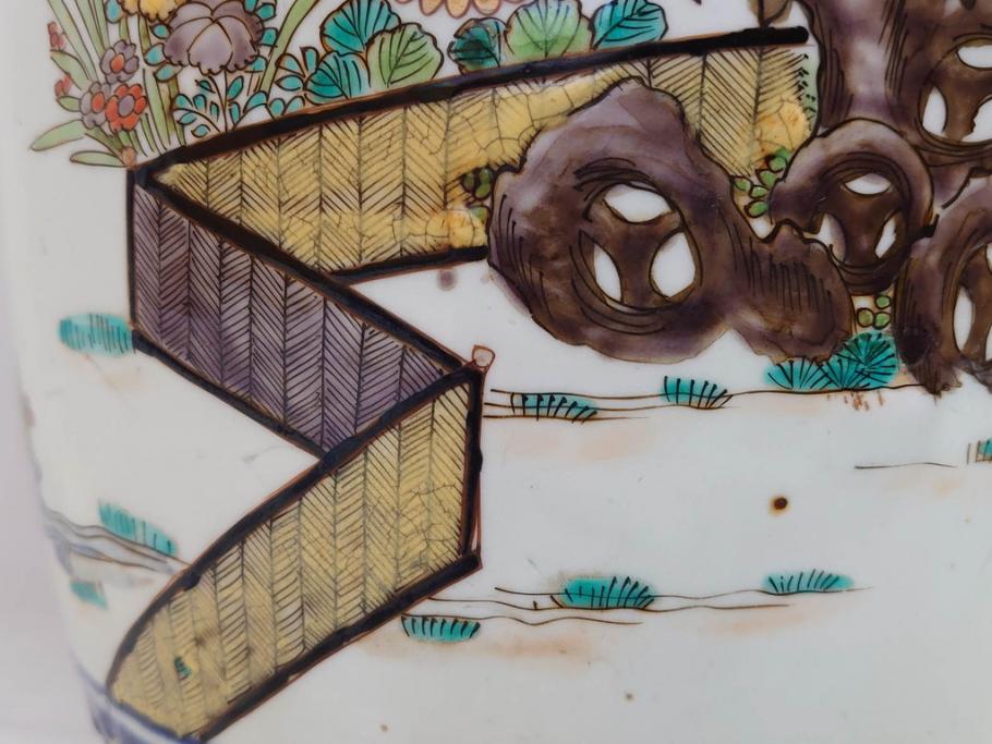 江戸～明治期　古伊万里　錦地　色絵　高さ 約57cm　華麗な色付が美しい花瓶(松、菊、花鳥、鳳凰、人物、風景、獅子、花生、花入、花器、金彩、二尺、共箱付)(R-081878)