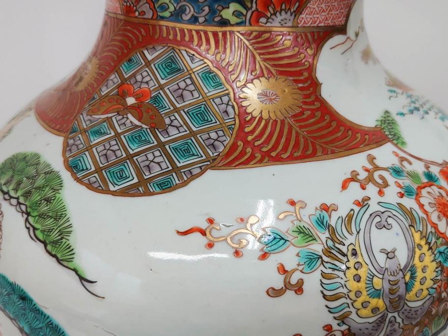 江戸～明治期　古伊万里　錦地　色絵　高さ 約57cm　華麗な色付が美しい花瓶(松、菊、花鳥、鳳凰、人物、風景、獅子、花生、花入、花器、金彩、二尺、共箱付)(R-081878)