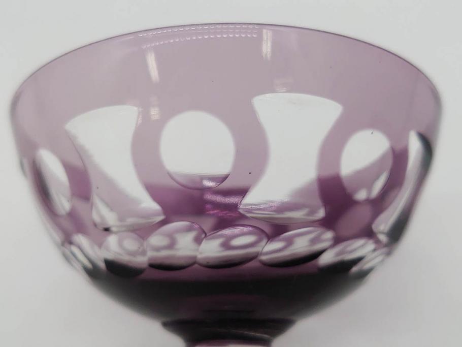 昭和初期　色被せ　切子　紫　上品な色合いが美しいグラス4客セット(デザートカップ、氷コップ、硝子、ガラス)(R-075652)