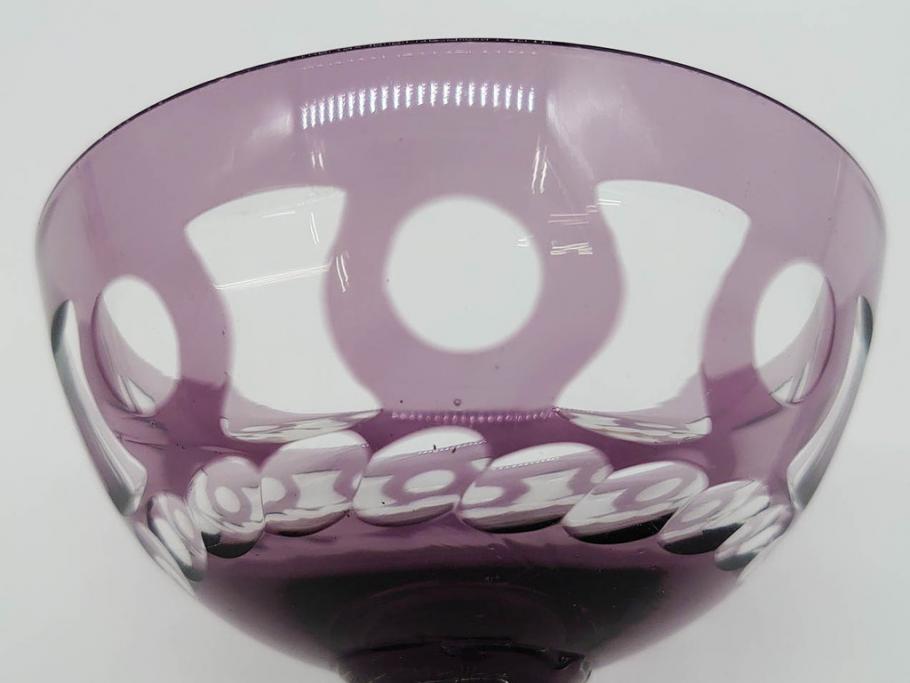 昭和初期　色被せ　切子　紫　上品な色合いが美しいグラス4客セット(デザートカップ、氷コップ、硝子、ガラス)(R-075652)
