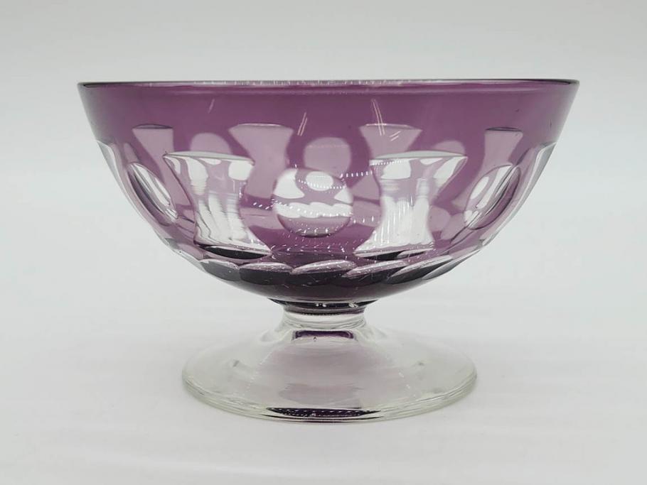 昭和初期　色被せ　切子　紫　上品な色合いが美しいグラス4客セット(デザートカップ、氷コップ、硝子、ガラス)(R-075652)