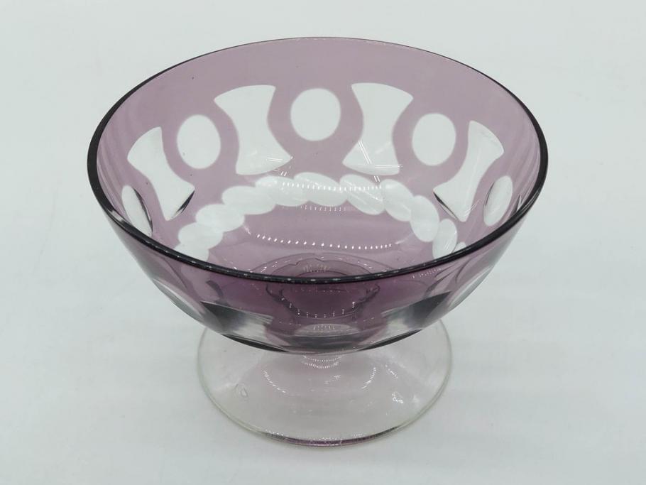 昭和初期　色被せ　切子　紫　上品な色合いが美しいグラス4客セット(デザートカップ、氷コップ、硝子、ガラス)(R-075652)