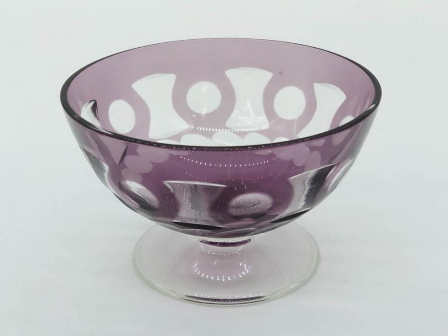 昭和初期　色被せ　切子　紫　上品な色合いが美しいグラス4客セット(デザートカップ、氷コップ、硝子、ガラス)(R-075652)
