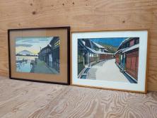 真作　関野準一郎　「御油」　「舞阪」　サイン入り　木版画2枚セット(絵画、額装)(R-075540)