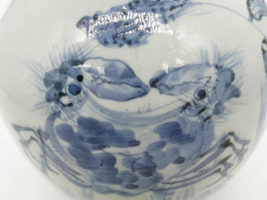 江戸期　古伊万里　染付　蟹　珍しい図柄が魅力的な花瓶(カニ、花器、花入、壺、壷)(R-075640)