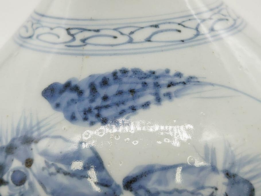 江戸期　古伊万里　染付　蟹　珍しい図柄が魅力的な花瓶(カニ、花器、花入、壺、壷)(R-075640)