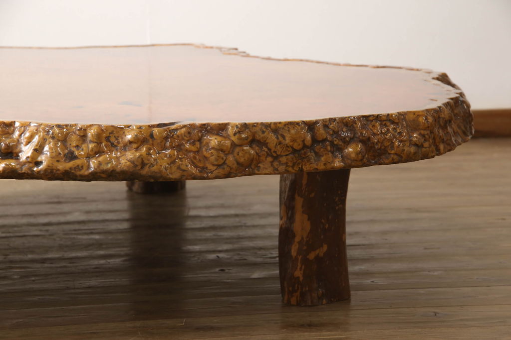 和製ヴィンテージ　特大!!　花梨材(カリン材)　極厚天板9cm　葡萄杢が楽しめる一枚板の座卓(ローテーブル、センターテーブル、ビンテージ)(R-058338)