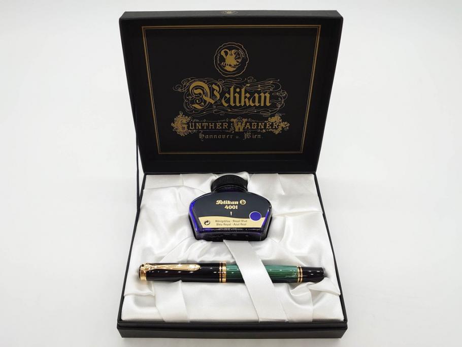 ドイツ　PELIKAN　ペリカン日本(株)社製　スーベレーン　M800　18C-750　F　万年筆(緑縞、グリーン系、ストライプ、INK、インク、筆記具、文具、吸入式、箱付き)(R-075650)
