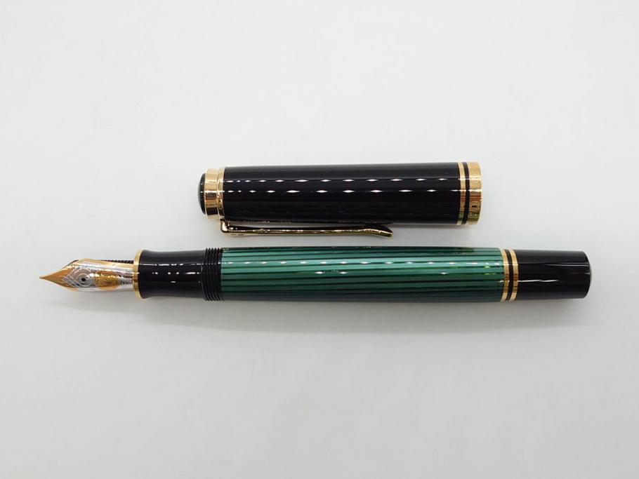 ドイツ　PELIKAN　ペリカン日本(株)社製　スーベレーン　M800　18C-750　F　万年筆(緑縞、グリーン系、ストライプ、INK、インク、筆記具、文具、吸入式、箱付き)(R-075650)