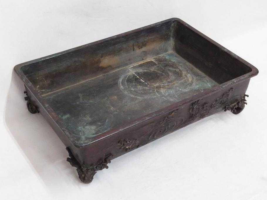時代物　金工　嶺雲鋳　龍文　細部まで施された意匠が目を惹く水盤(銅製、盆栽鉢、花器)(R-075654)